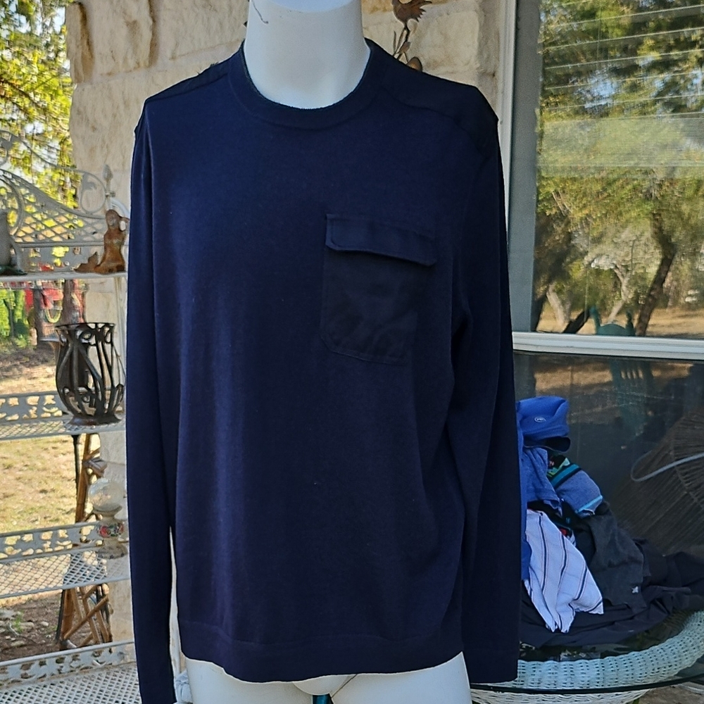 Ted Baker Wool Crew Sweater Flap Pocket Knit Classic Navy Blue Career Men 6